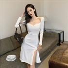 Long-sleeve Square-neck Slit Dress