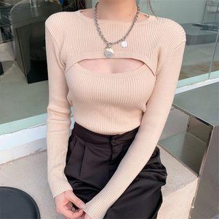 Set: Plain Camisole Top + Long-sleeve Knit Crop Top
