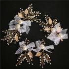 Wedding Set: Faux Pearl Head Piece + Clip On Earring 1 Pc Hair Clip & 2 Pcs Hair Stick & 1 Pair Clip On Earrings - One Size