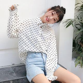 Smocked Cuff Dotted Print Blouse