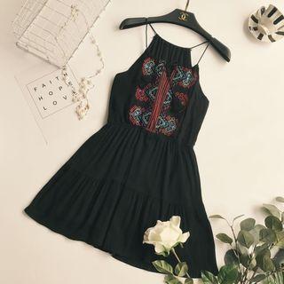 Embroidered Tasseled Spaghetti Strap Dress
