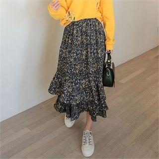 Accordion-pleat Floral Long Tiered Skirt