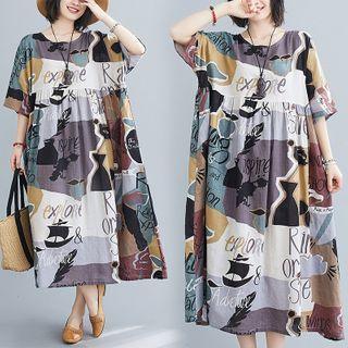 Elbow-sleeve Printed Midi A-line Dress Gray - One Size