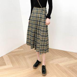 High-waist Plaid A-line Skirt Green - One Size