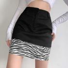 Zebra Print Trim Denim Mini Fitted Skirt