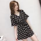 Elbow-sleeve Polka Dot Wide-leg Playsuit