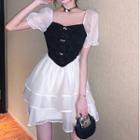 Puff-sleeve Bow Print Panel A-line Dress