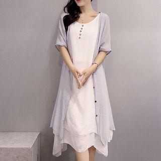 Set: Linen Elbow-sleeve Light Jacket + Buttoned Tank Dress