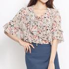 Elbow-sleeve Frilled Tie-front Floral Top