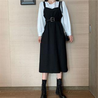 Set: Long-sleeve Top + Belted Midi A-line Overall Dress