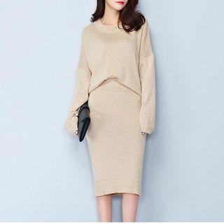 Set: Plain Long-sleeve Top + Skirt