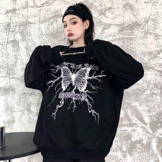 Chain-accent Butterfly Round Neck Pullover Black - One Size