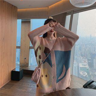 Giraffe Pattern Round Neck Knit Cardigan Pink - One Size