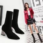 Pointy Toe Chunky Heel Knit Mid-calf Boots