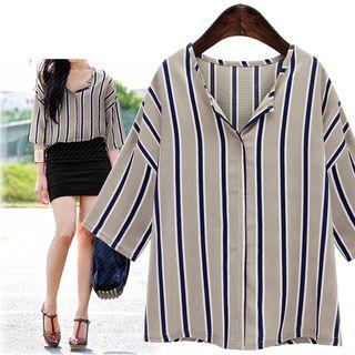 Pinstriped Elbow-sleeve V-neck Top