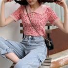 Short-sleeve Leopard Print Knit Polo Shirt