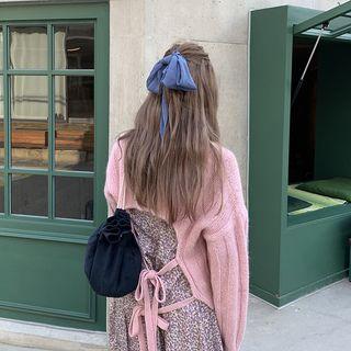 Tie-back Oversize Sweater / Flower Print Long-sleeve A-line Dress