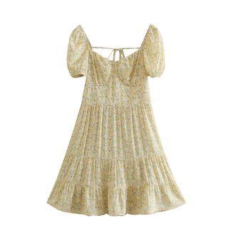 Puff-sleeve Open Back Floral Smock A-line Dress