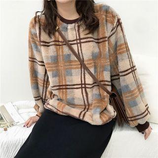 Check Furry Long-sleeve Pullover As Figure - One Size