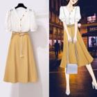 Set: Short-sleeve Top + A-line Skirt + Rope Belt