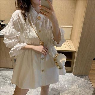 Plain Frilled Single-breasted Elbow-sleeve Dress