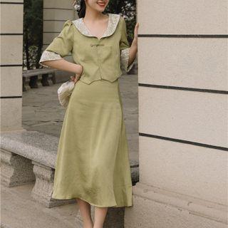 Set: Elbow-sleeve Lace Trim Blouse + Midi A-line Skirt