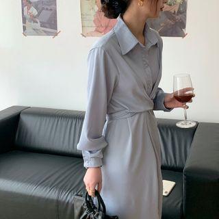 Plain Tie-waist Midi Shirtdress Light Blue - One Size