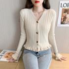 Long-sleeve V-neck Frilled Button-up Slim-fit Top