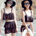 Set : Frilled Print 2-piece Bikini + Cover-up