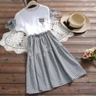 Short-sleeve Embroidered A-line Gingham Dress