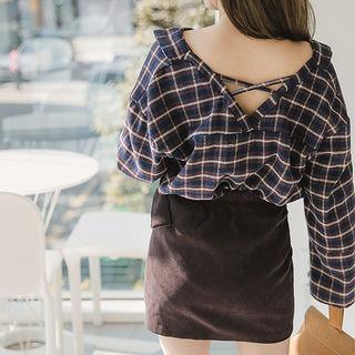 Open-placket Cross-strap Plaid Shirt