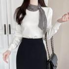 Houndstooth Scarf-neck Knit Top