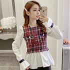 Mock Two Piece Bell-sleeve Plaid Blouse