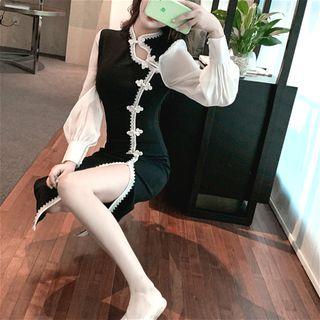 Contrast Trim Lantern-sleeve Midi Sheath Dress