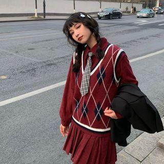 Long-sleeve Pleated Mini A-line Shirtdress / Argyle Sweater Vest / Tie / Set