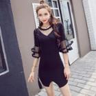 Elbow-sleeve Sheer Panel Sheath Dress
