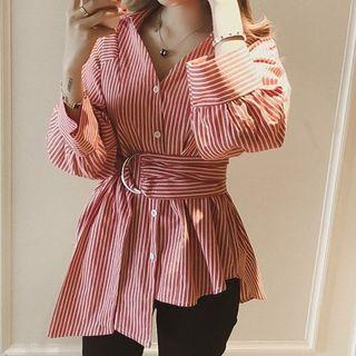 Long-sleeve V-neck Striped Asymmetric Shirt With Sash