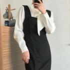 Long-sleeve Tie-neck Blouse / Sleeveless Plain Dress