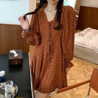 Puff-sleeve Drawstring Floral A-line Dress Brick Red - One Size