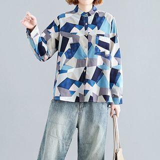 Long-sleeve Geometric Print Stand-collar Shirt