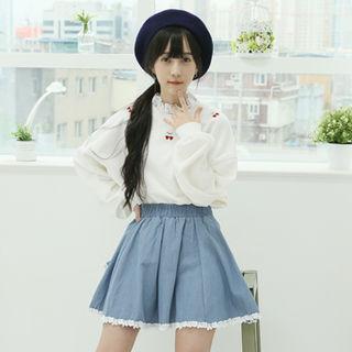 Laced Gathered Denim Miniskirt Blue - One Size
