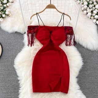 Off Shoulder Tassel Sheath Mini Dress