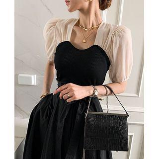 Puff-sleeve Top / Irregular Midi A-line Skirt