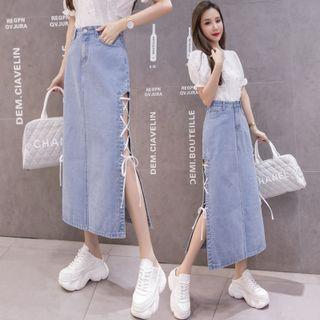 Slit Lace-up Denim Midi A-line Skirt