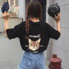 Short-sleeve Cat Printing Loose-fit Crewneck T-shirt
