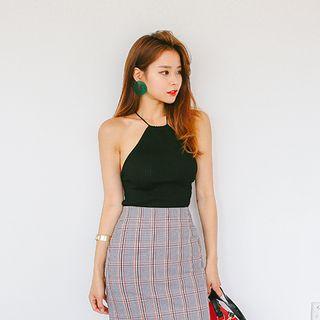 Halter Lace-up Back Rib-knit Top