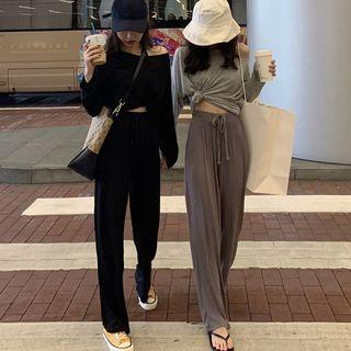 Plain Long-sleeve Oversize T-shirt / Drawstring Wide-leg Pants