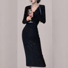 Long-sleeve Lace Trim Glitter Midi Sheath Dress