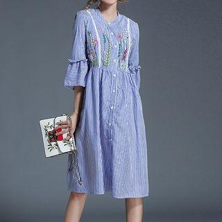 Embroidered Pinstriped Elbow Sleeve Dress
