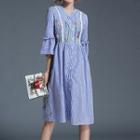 Embroidered Pinstriped Elbow Sleeve Dress